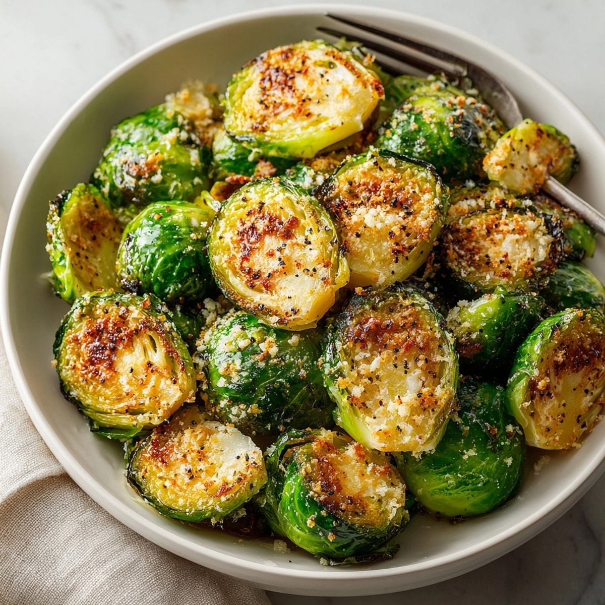 Crispy Parmesan Roasted Brussels Sprouts: golden brown, savory aroma, ready for holiday dinner.