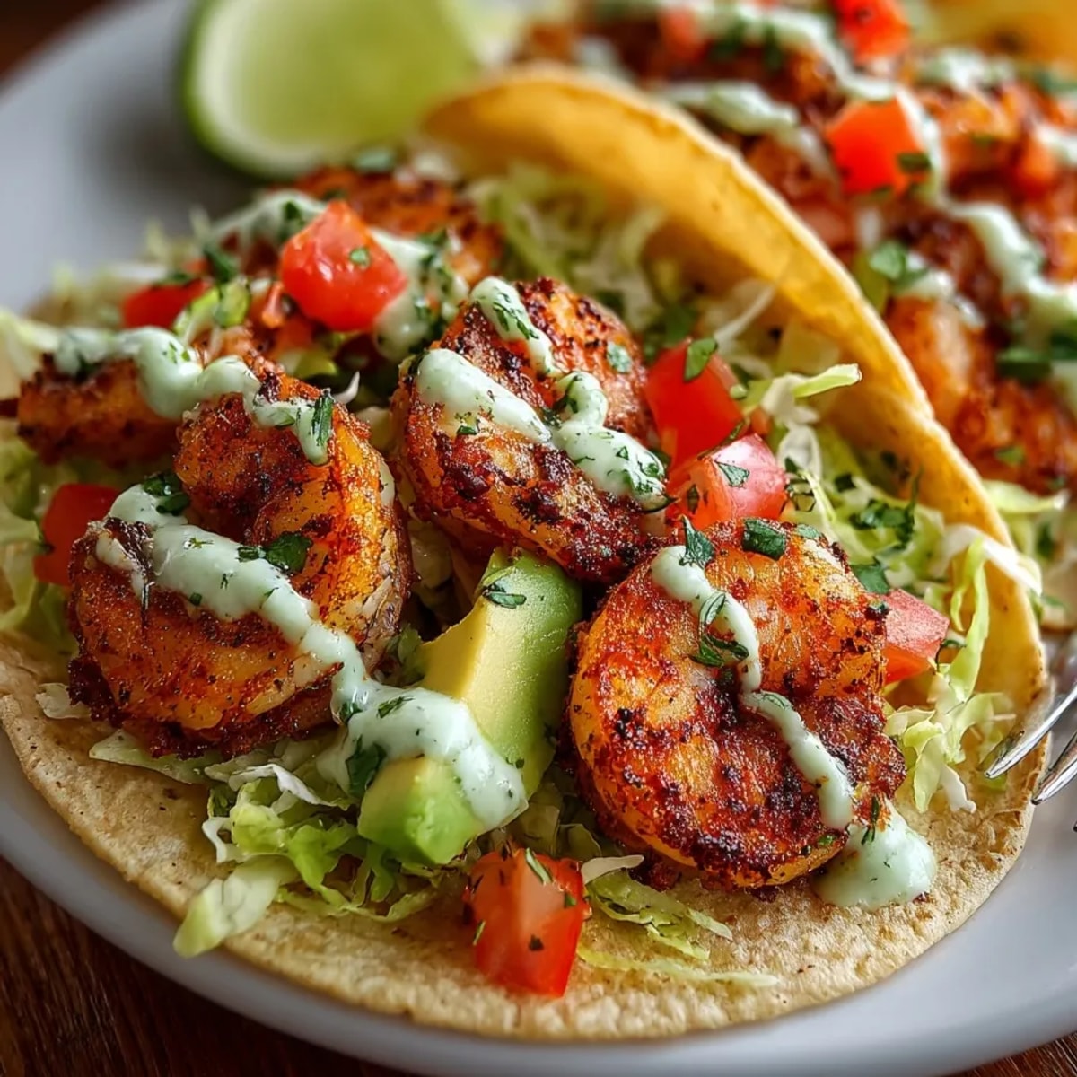 Spicy Cajun Shrimp Tacos recipe sizzling with smoky flavors, ready for a lime squeeze.