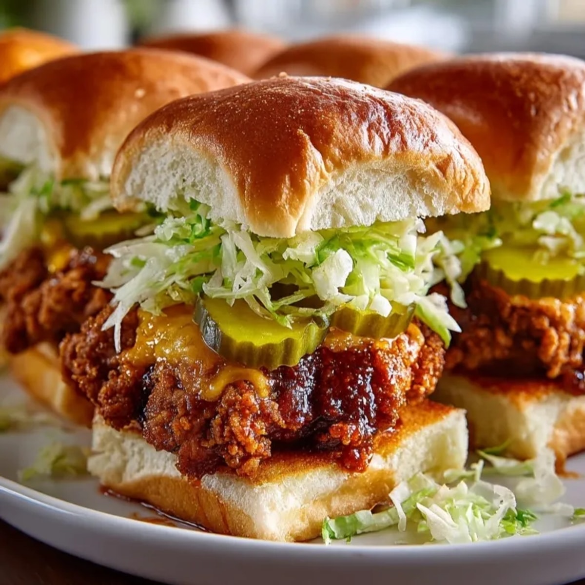 Nashville Hot Chicken Sliders dripping with sauce, served on toasted buns with pickles.