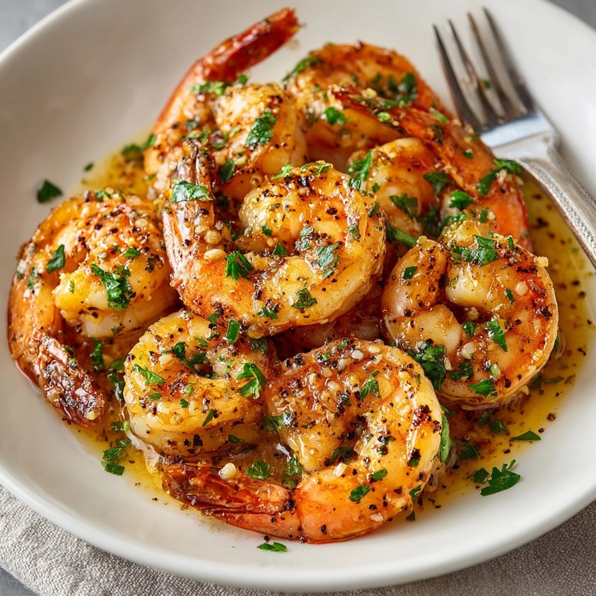 Sizzling 15-Minute Garlic Butter Shrimp; golden pan sauce glistens, ready to serve.