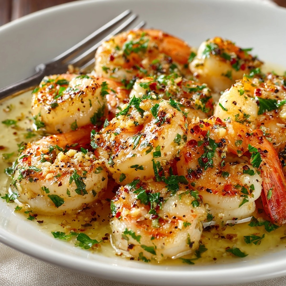 Easy 15-Minute Garlic Butter Shrimp: close-up shows perfectly cooked, juicy texture.