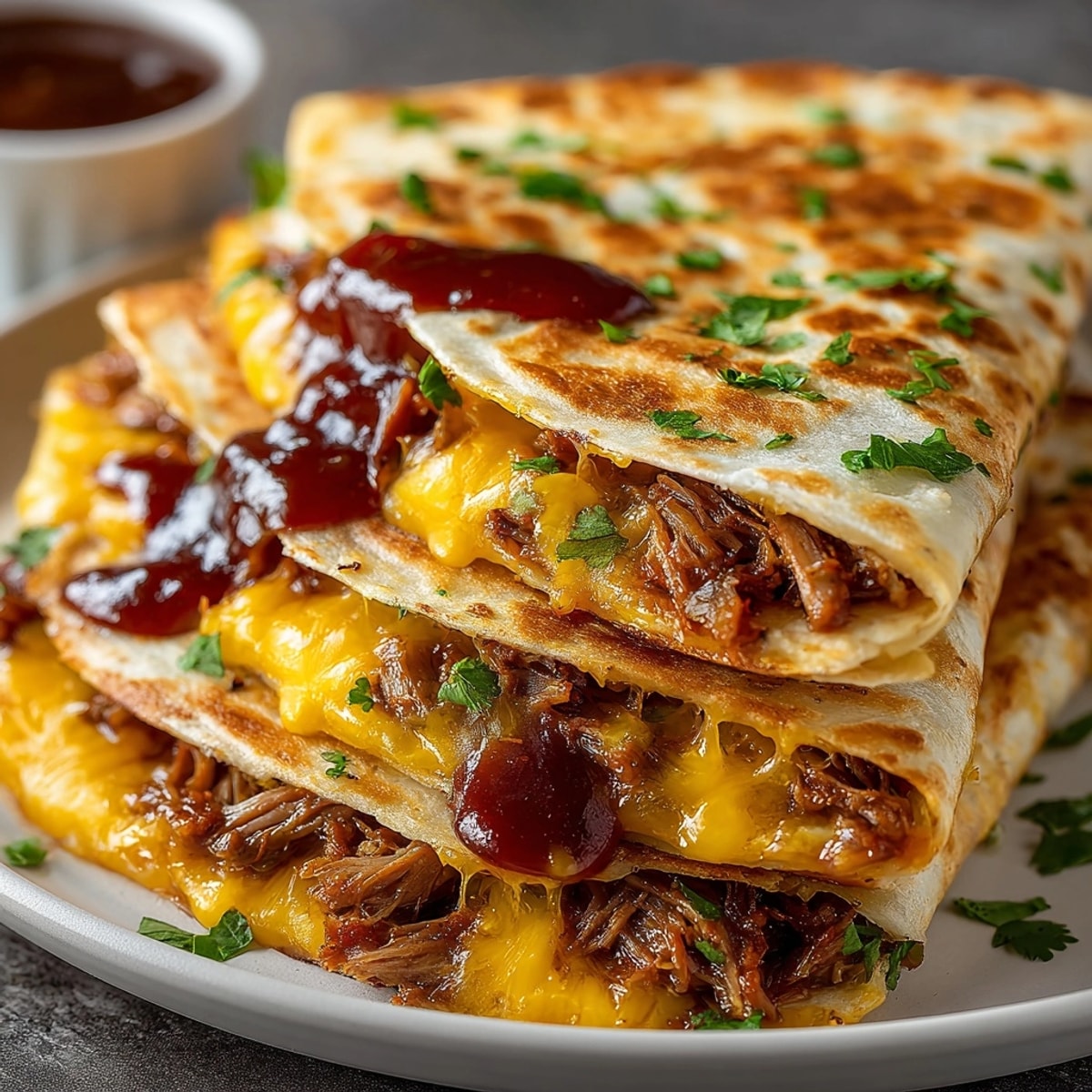 Crispy, cheesy BBQ Pulled Pork Quesadillas; perfect weeknight dinner with tangy BBQ sauce.