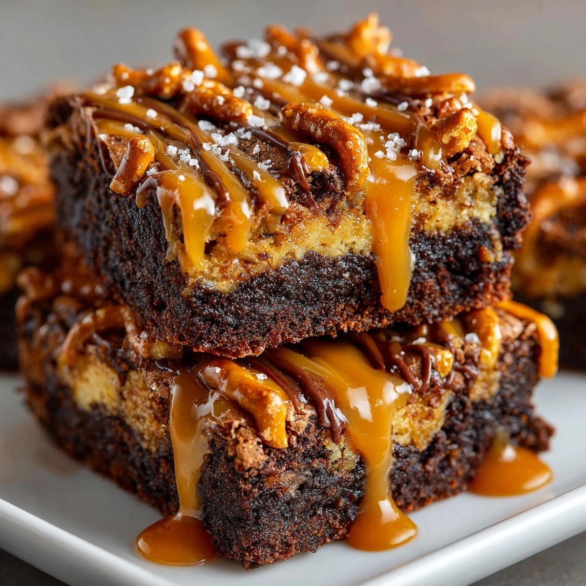 Rich, fudgy salted caramel pretzel brownies, glistening with caramel, ready for a sweet treat.