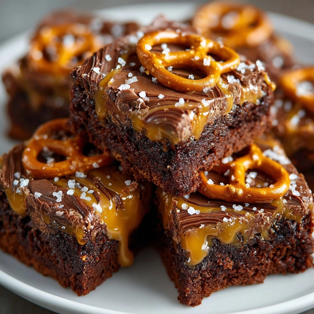 Warm, gooey salted caramel pretzel brownie squares, freshly baked and irresistibly tempting indulgence.