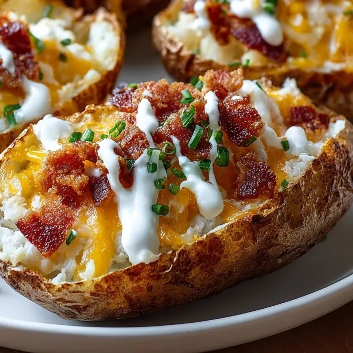 Crispy cheddar bacon ranch potato skins; golden, cheesy, and ready to enjoy.