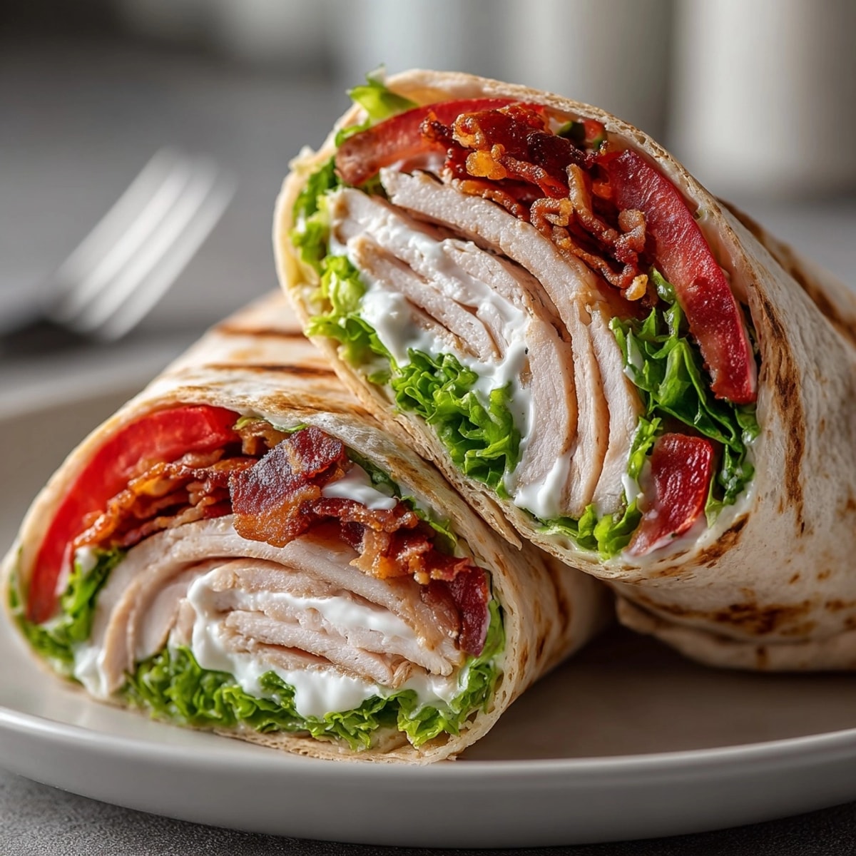 Classic Turkey Club Wraps bursting with creamy avocado, crisp bacon, and juicy tomatoes.