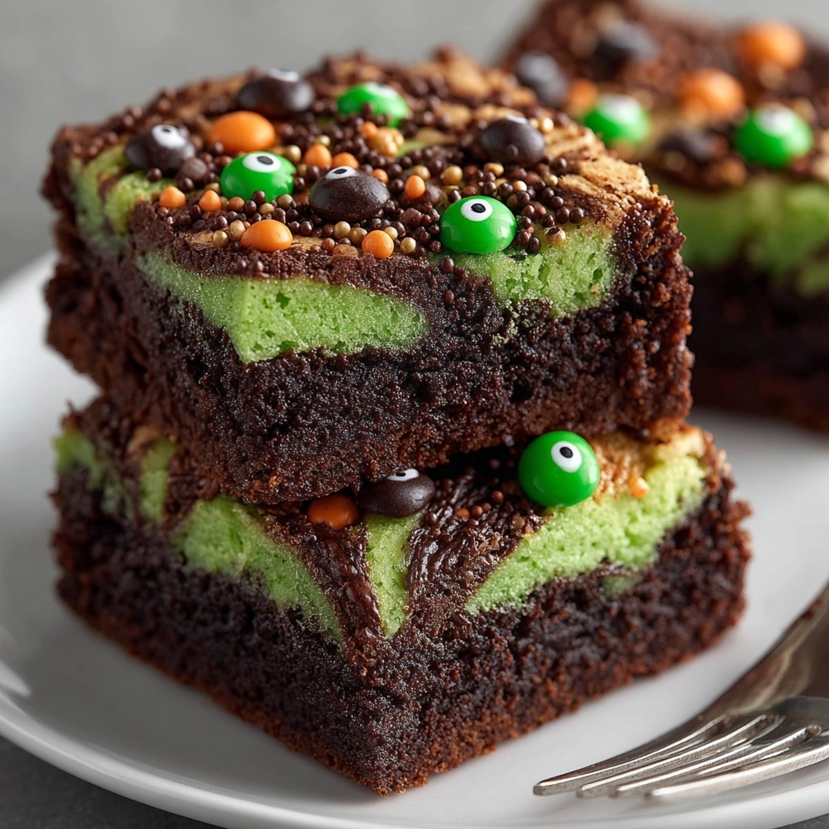 Close-up of fudgy Witches’ Brew Swirl Brownies with green cheesecake and candy eyeballs.