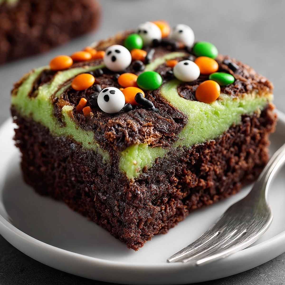 Homemade Witches&amp;rsquo; Brew Swirl Brownies: rich, chewy, and festive Halloween dessert, ready to serve.