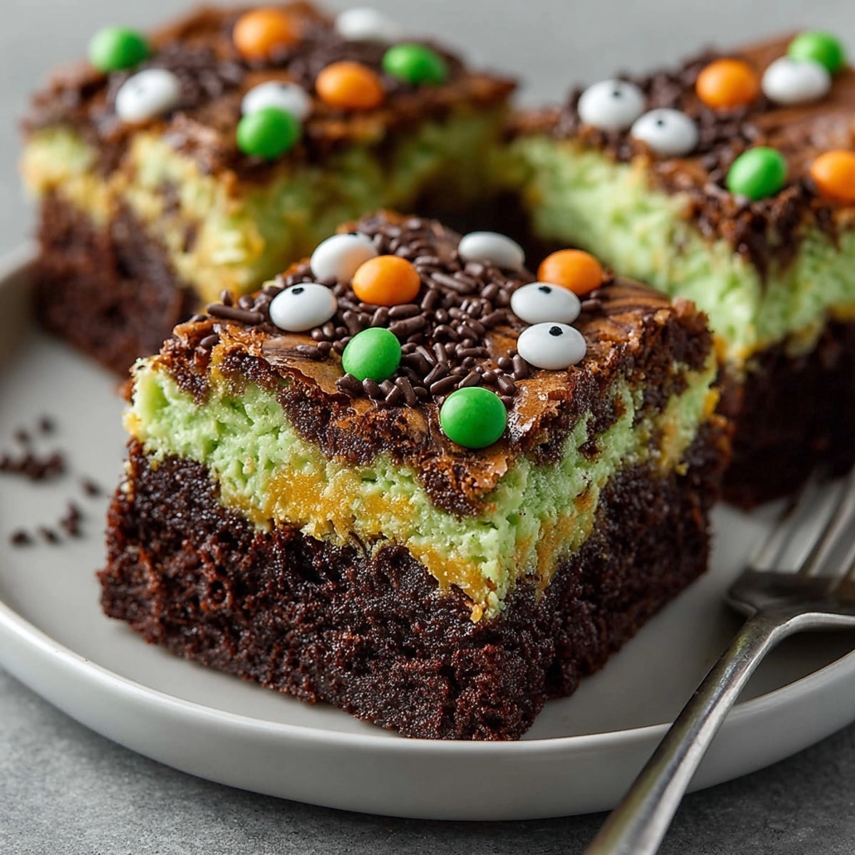 Top-down view of freshly baked Witches&amp;rsquo; Brew Swirl Brownies, decorated for a spooky holiday.