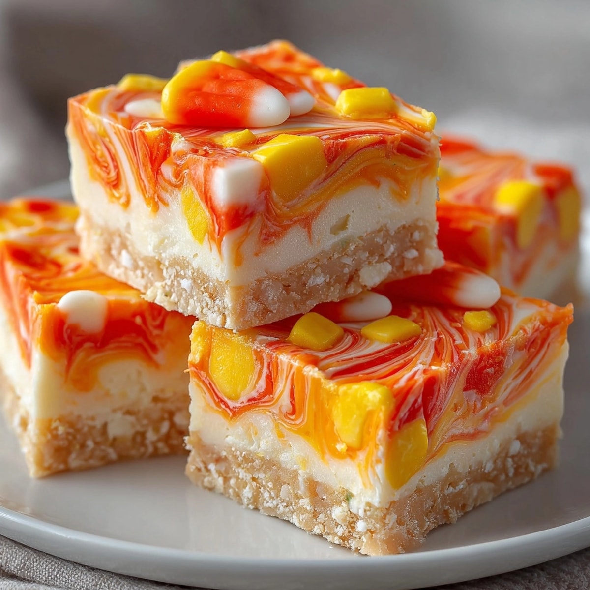 Creamy Candy Corn Fudge Swirl, marbled with yellow and orange, cooling on parchment.