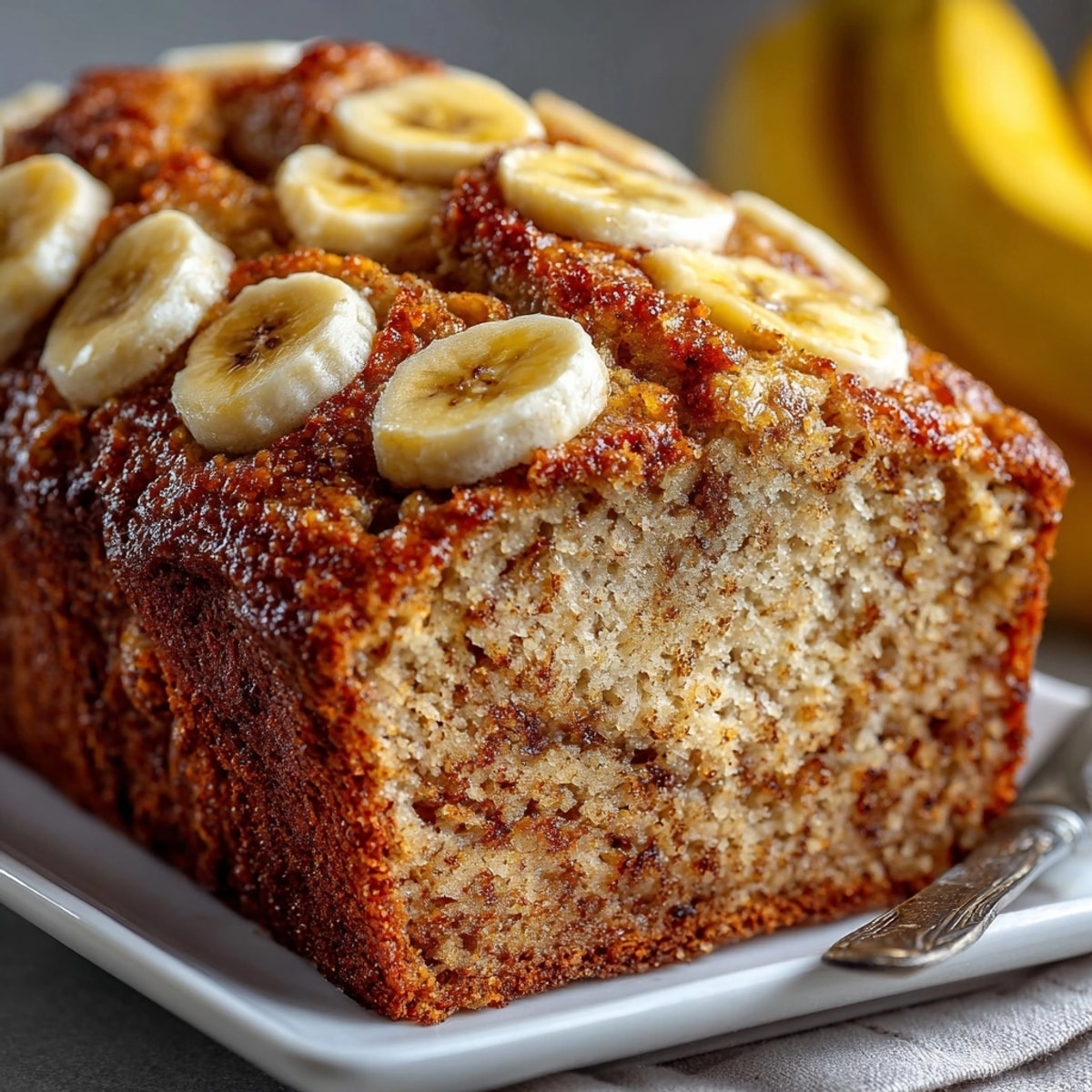 Warm, moist whole wheat banana bread: a perfect cozy breakfast baked golden brown.