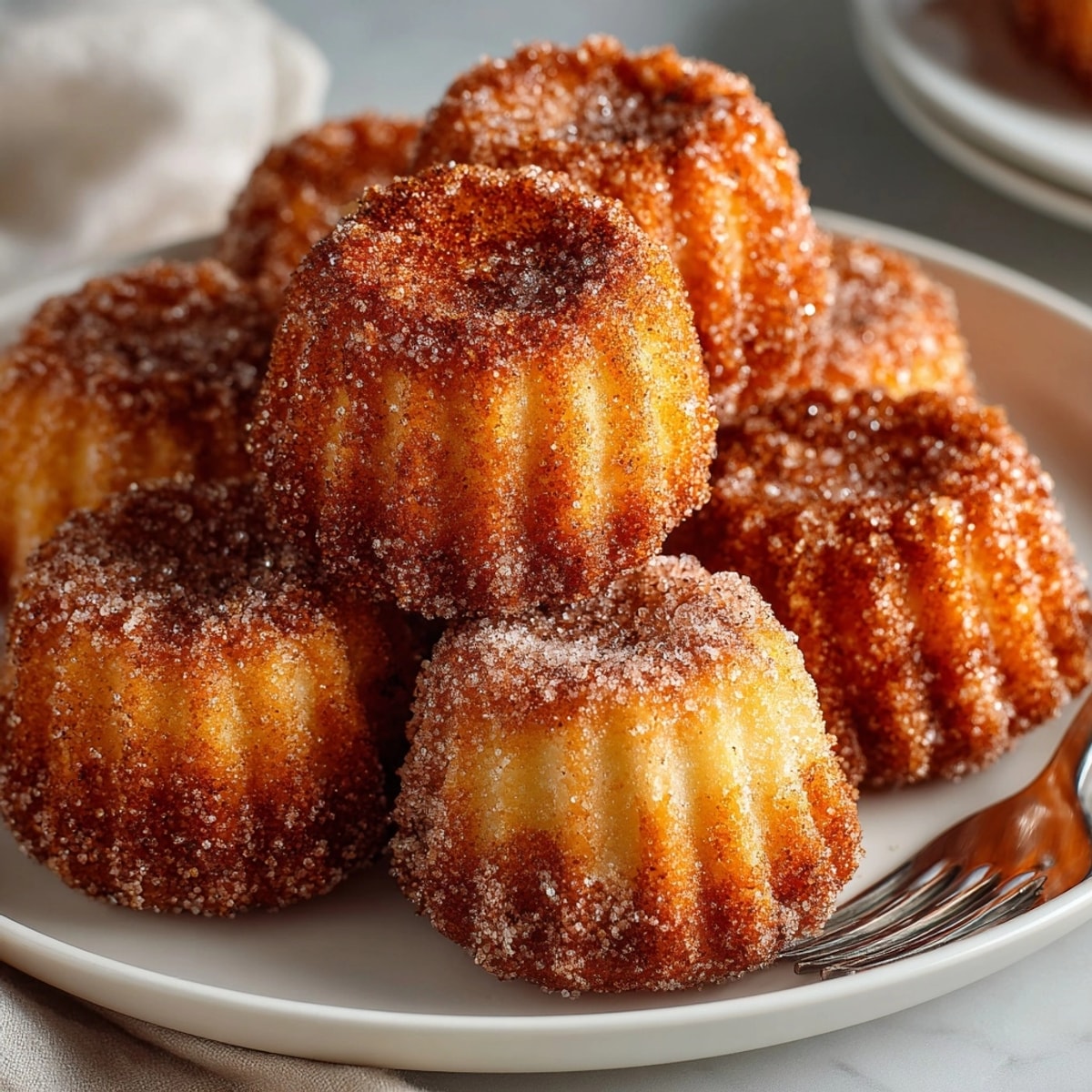 Crispy, golden Cinnamon-Sugar Churro Bites, freshly fried and coated, ready for dipping.