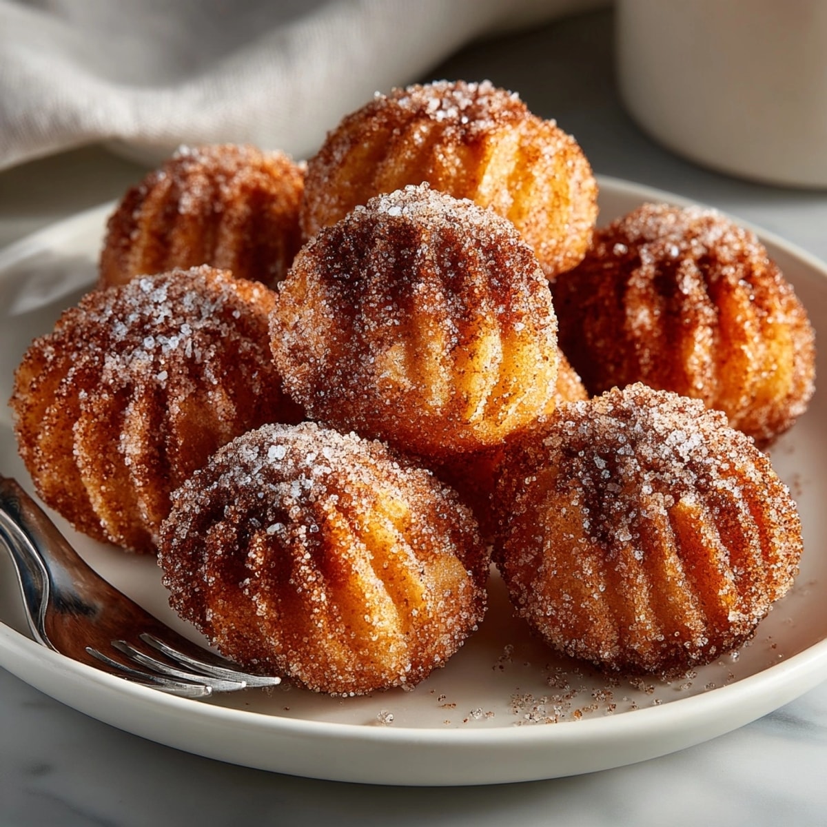 Close-up of homemade Cinnamon-Sugar Churro Bites, piled high & perfect for parties!