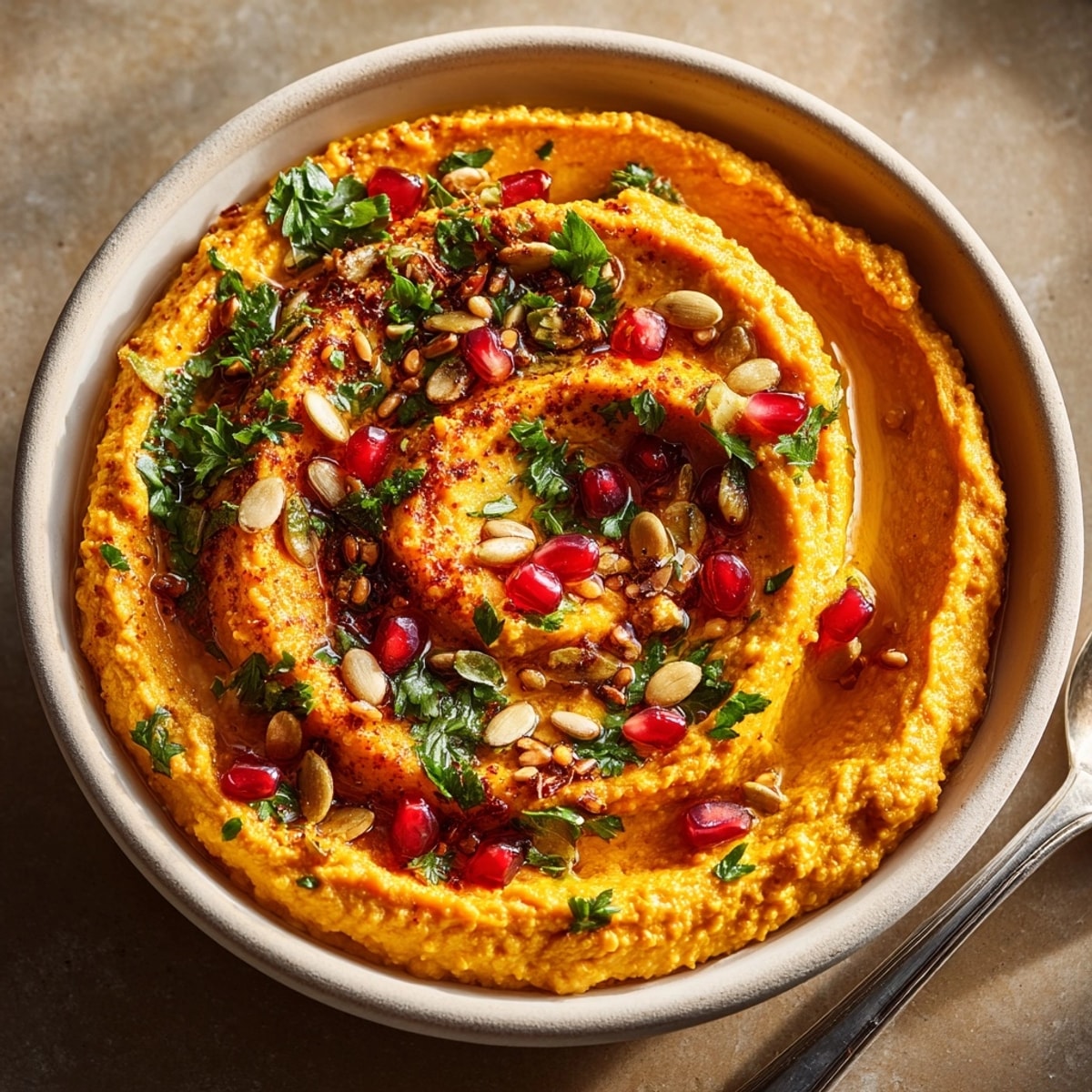 Close-up of creamy Spiced Sweet Potato Hummus, swirled, drizzled with olive oil, and sprinkled with toasted pumpkin seeds.