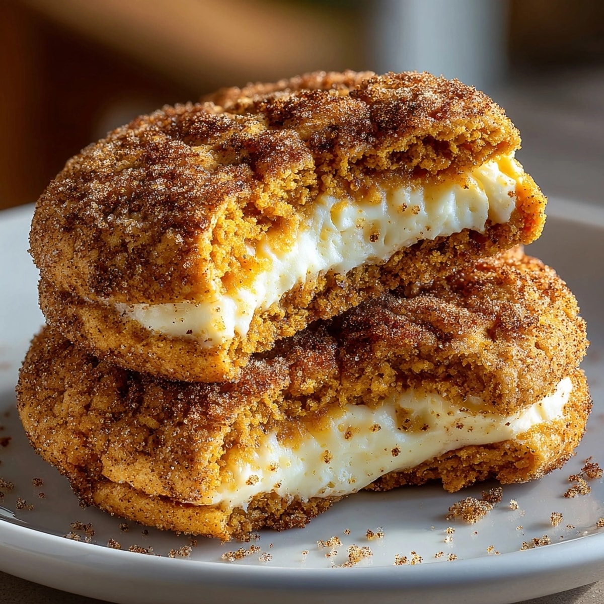 Golden Cheesecake-Stuffed Pumpkin Cookies, warm from the oven, cinnamon sugar clinging to the tops.