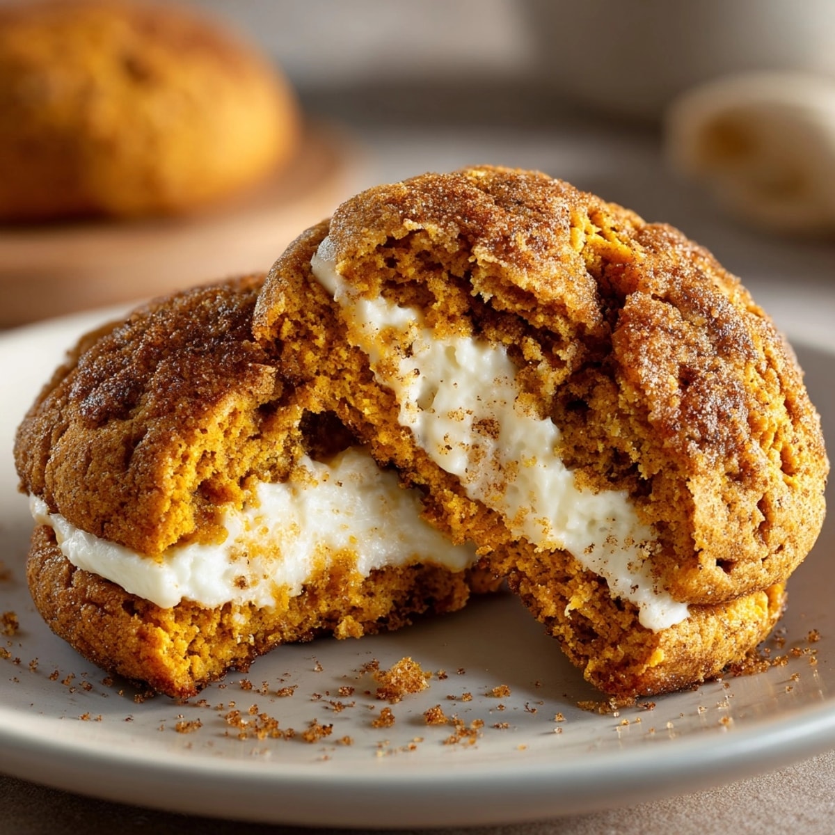 Close-up of a delicious Cheesecake-Stuffed Pumpkin Cookie, showing the creamy center; ideal autumn treat.