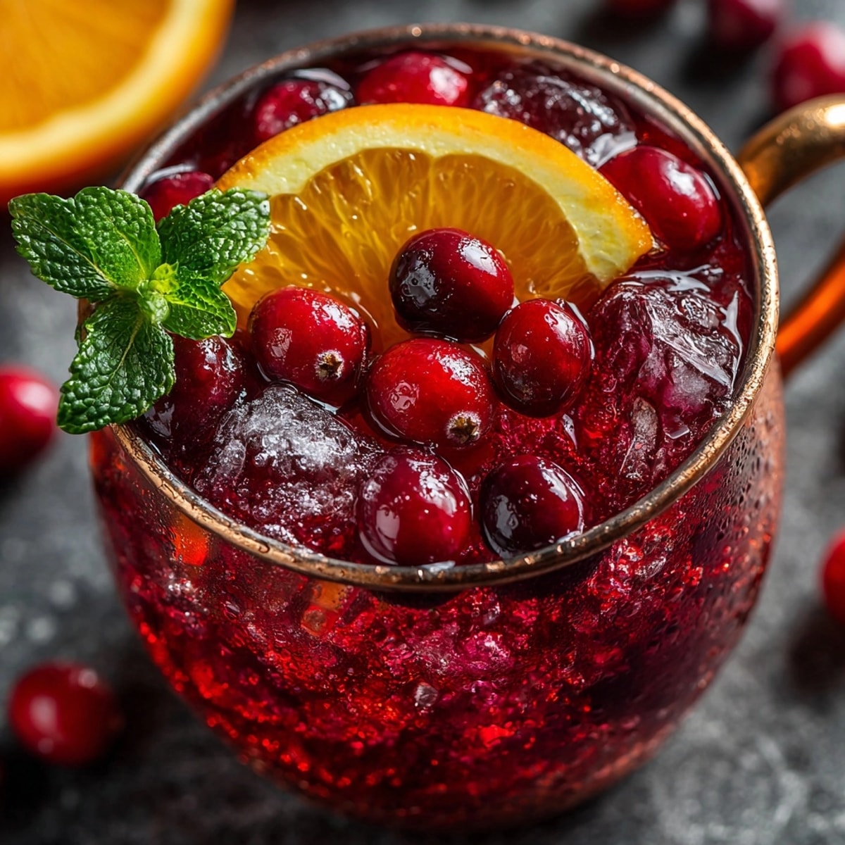 Refreshing Cranberry Orange Moscow Mule Mocktail in copper mug, garnished for the holidays.