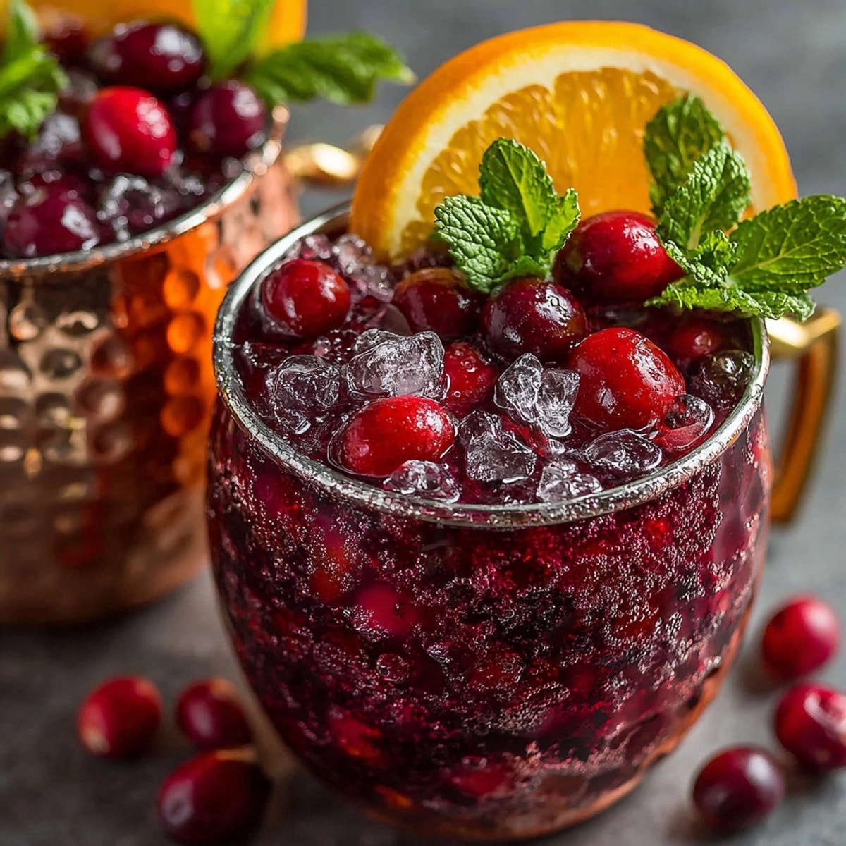 Festive Cranberry Orange Moscow Mule Mocktail: Cold ginger beer, vibrant fruit, and fresh mint.