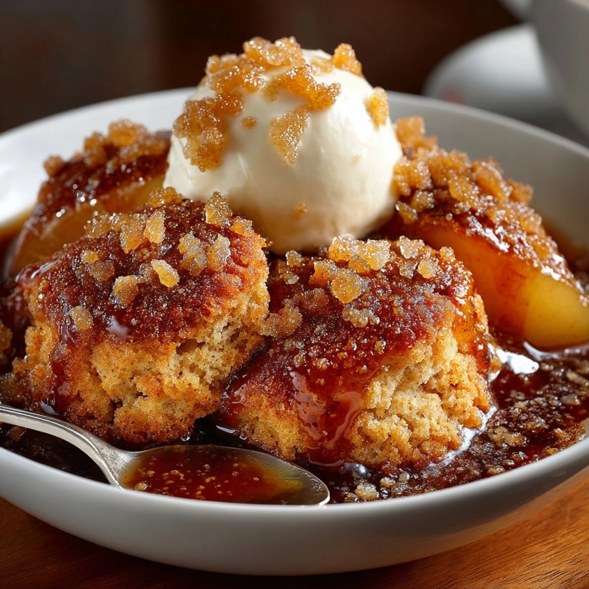 Golden, bubbling Spiced Pear Cobbler with Ginger Biscuits, ready to serve warm.