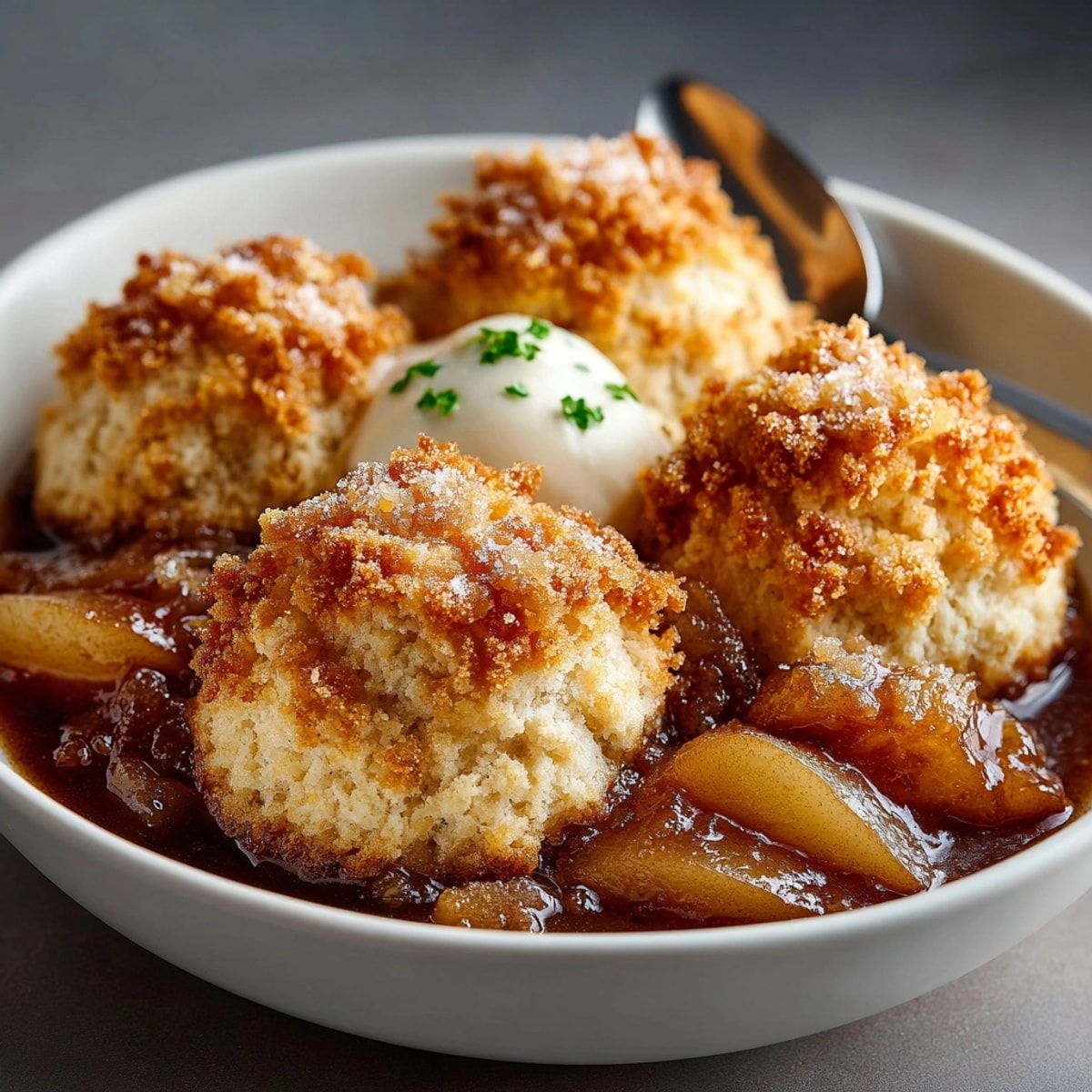 Homemade Spiced Pear Cobbler, topped with aromatic Ginger Biscuits, a comforting autumn dessert.