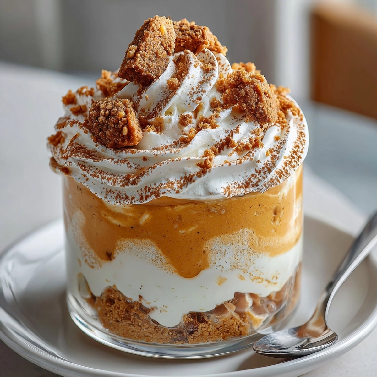 Close-up of fluffy Airy Pumpkin Mousse Cups, garnished with whipped cream and crushed cookies.