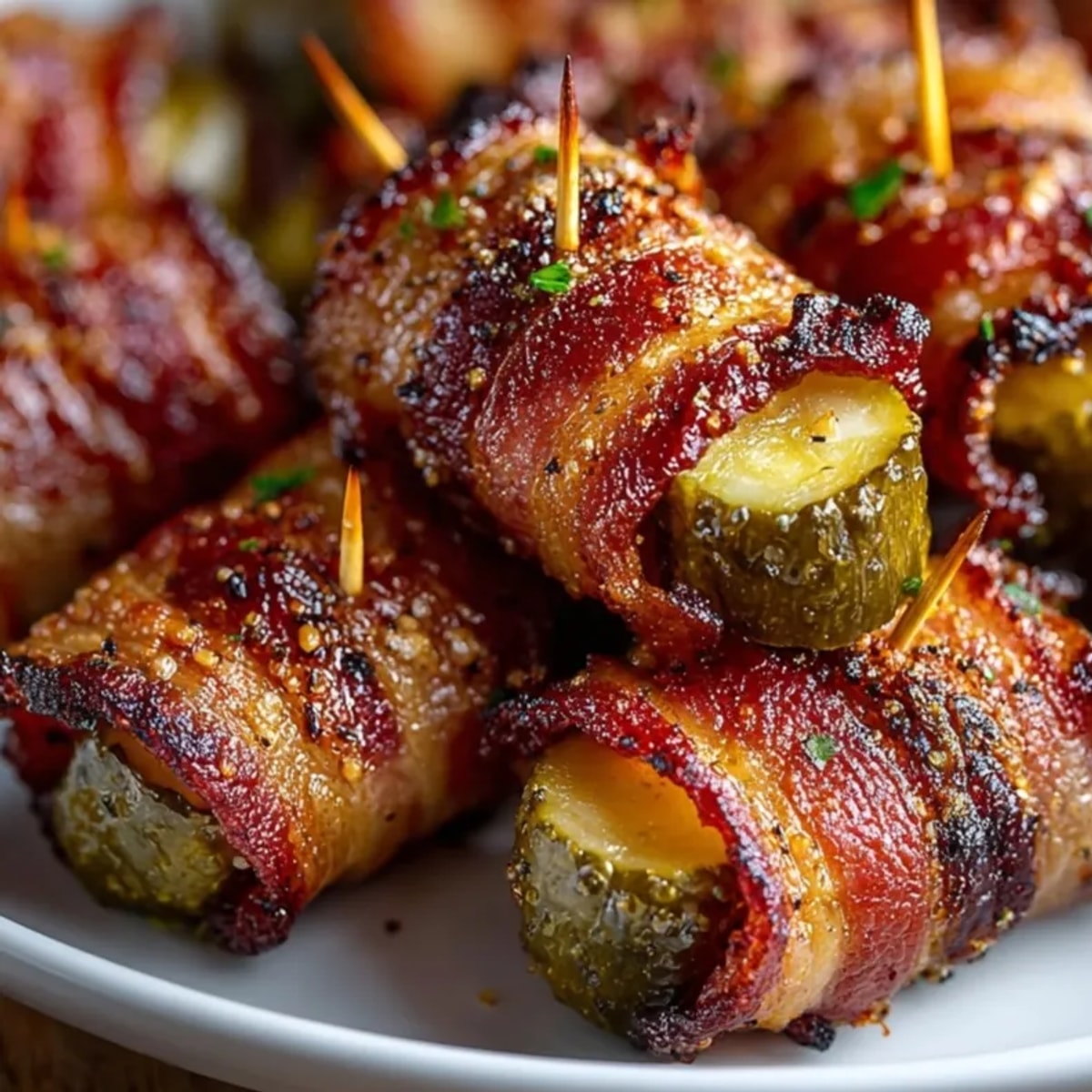 Crispy bacon-wrapped pickles, golden brown and sizzling on a baking sheet, ready to eat.