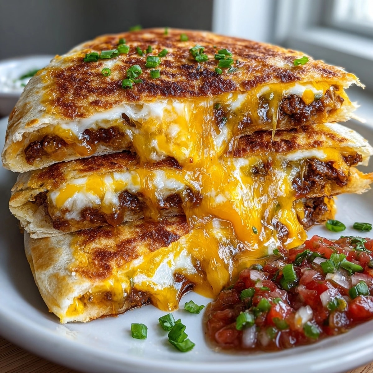 Crispy Bean and Cheese Toasterdilla photo: melty cheddar oozes from golden tortilla.