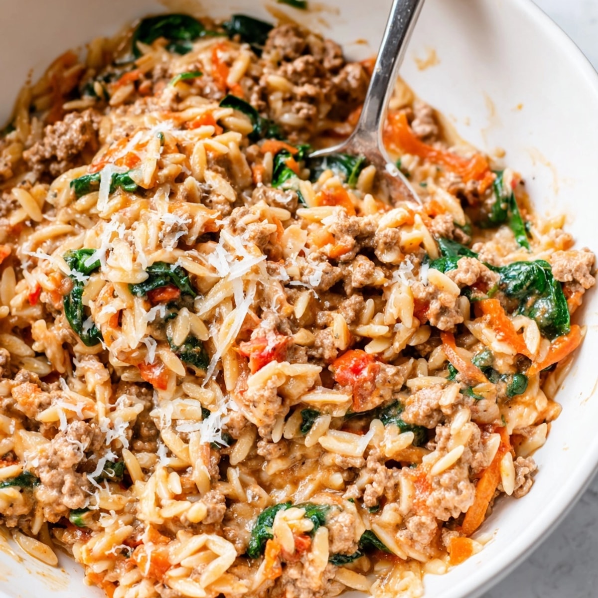 Close-up of creamy One-Pot Beef Orzo, steaming and topped with fresh Parmesan.