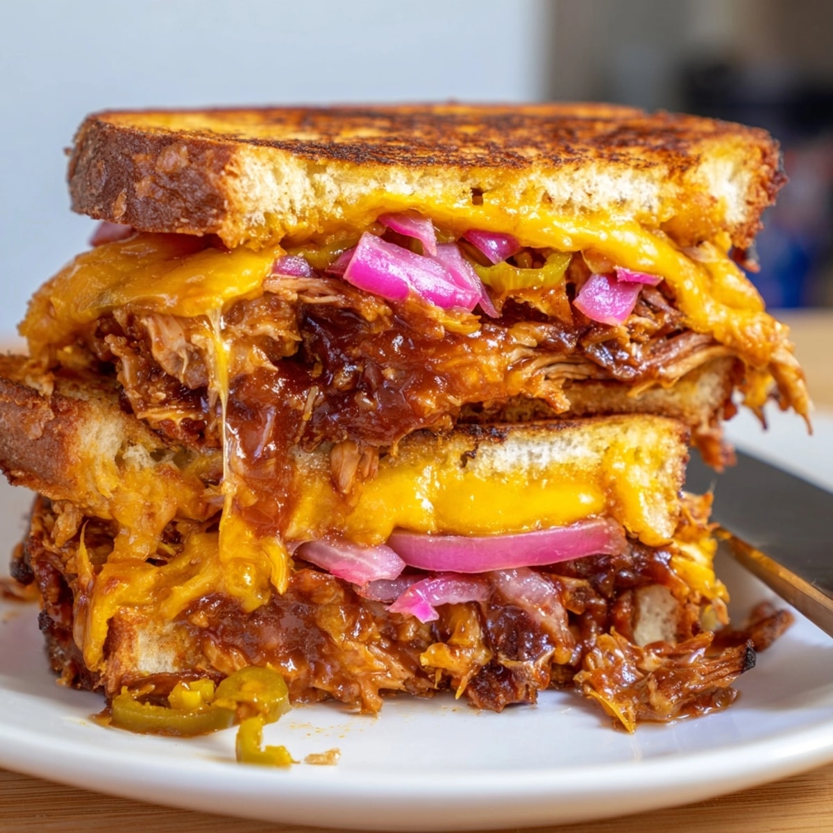 Melty BBQ Pulled Pork Grilled Cheese oozing from sourdough, a comforting, savory meal.