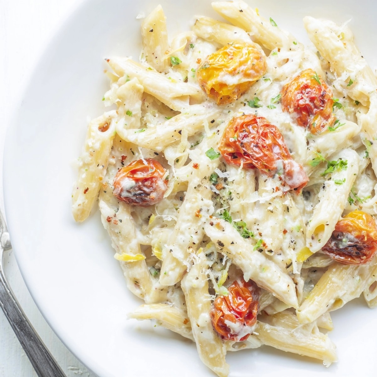 Close-up on vibrant Boursin Cheese Pasta, glistening with tomato juices and fresh parsley.