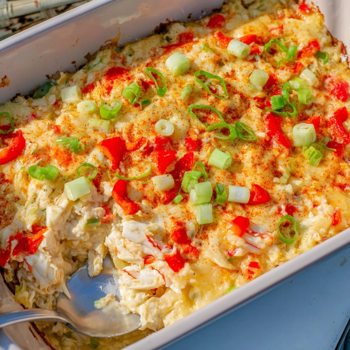 Golden Cheesy Cajun Crab Dip baked in a dish, ready to be served.