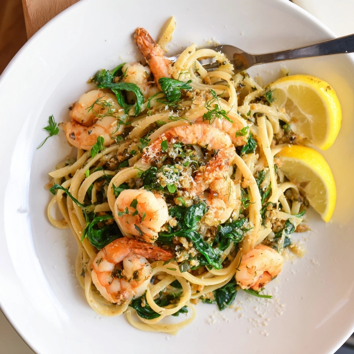 Close-up of Shrimp Spinach Herb Pasta, steaming and ready to enjoy.