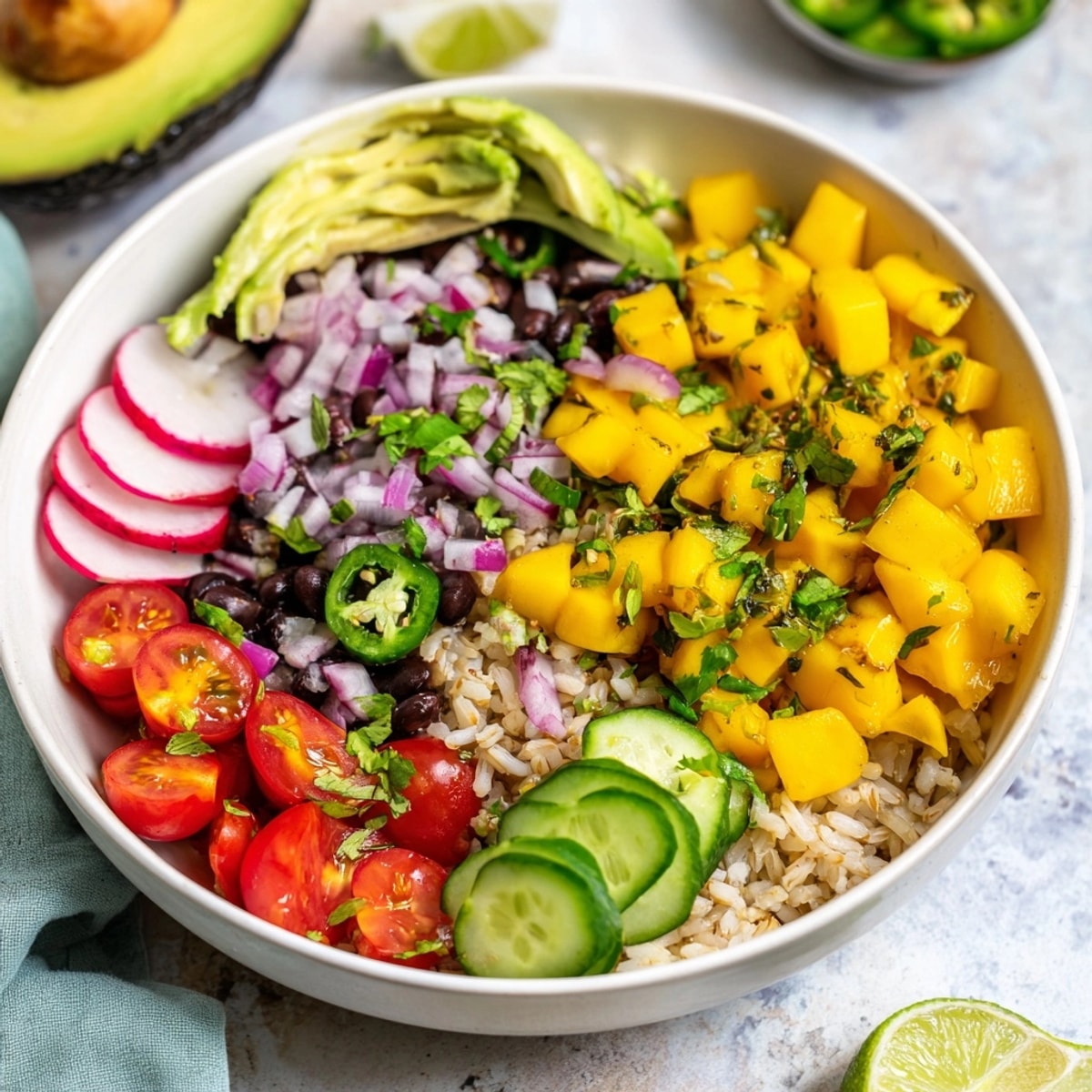Homemade Mango Salsa Black Bean Bowls: a quick, healthy, and satisfying vegetarian meal.