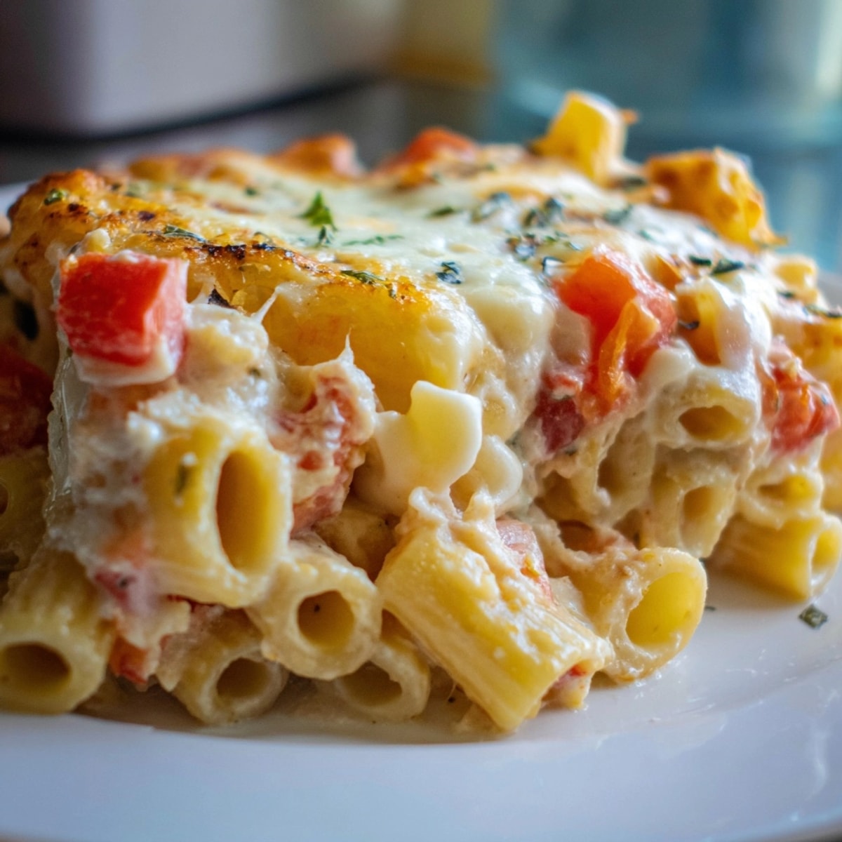 Golden-brown Alfredo Ricotta Tomato Casserole bubbling in a baking dish, ready for a satisfying meal.