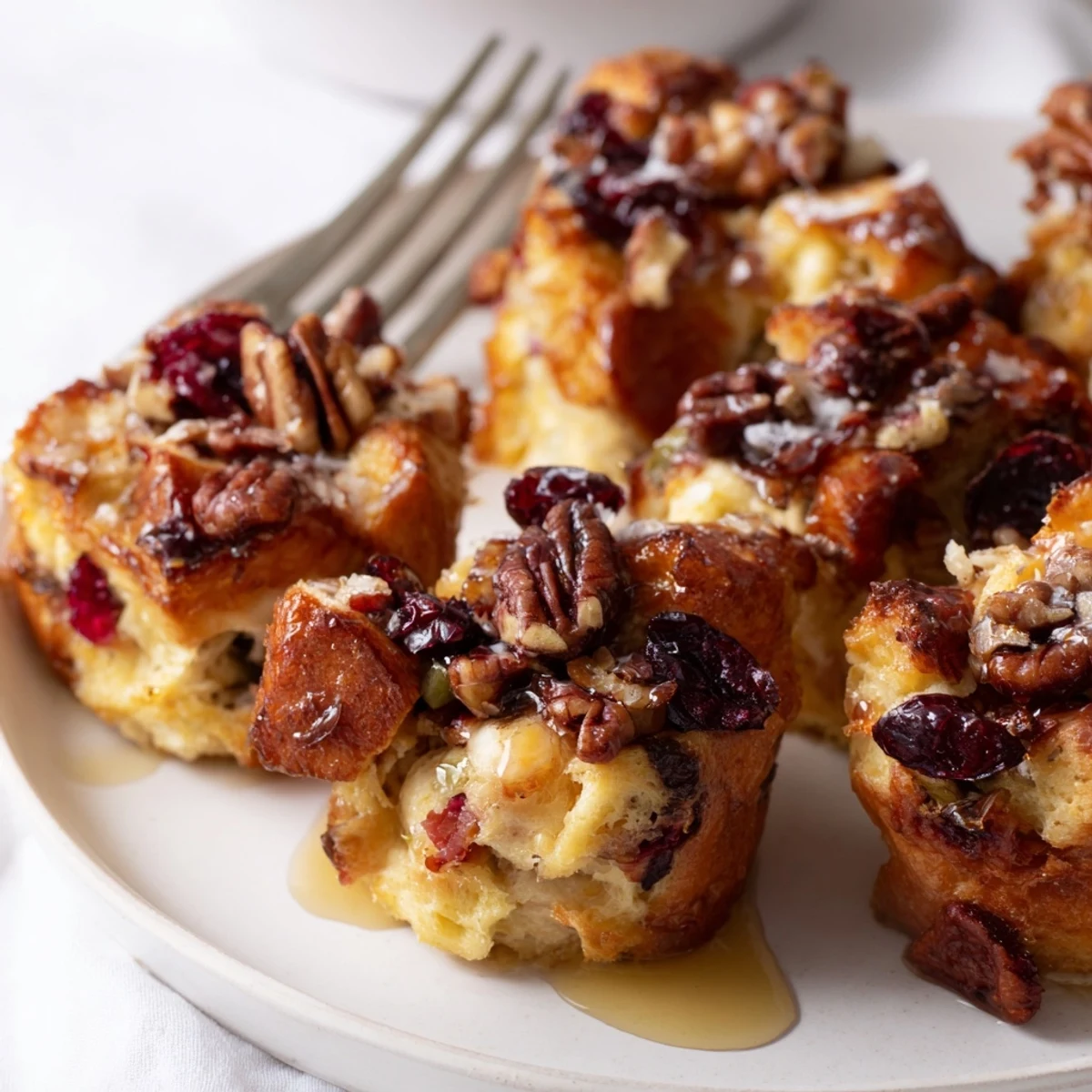 Deliciously soft Cranberry Jalapeño French Toast Muffins topped with crunchy pecans and sugar.  