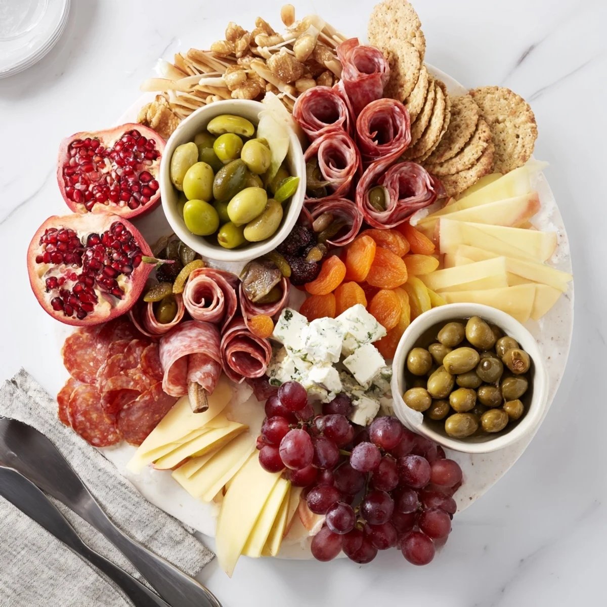 A colorful charcuterie board with maple glazed nuts and fresh fruits ready for sharing.  