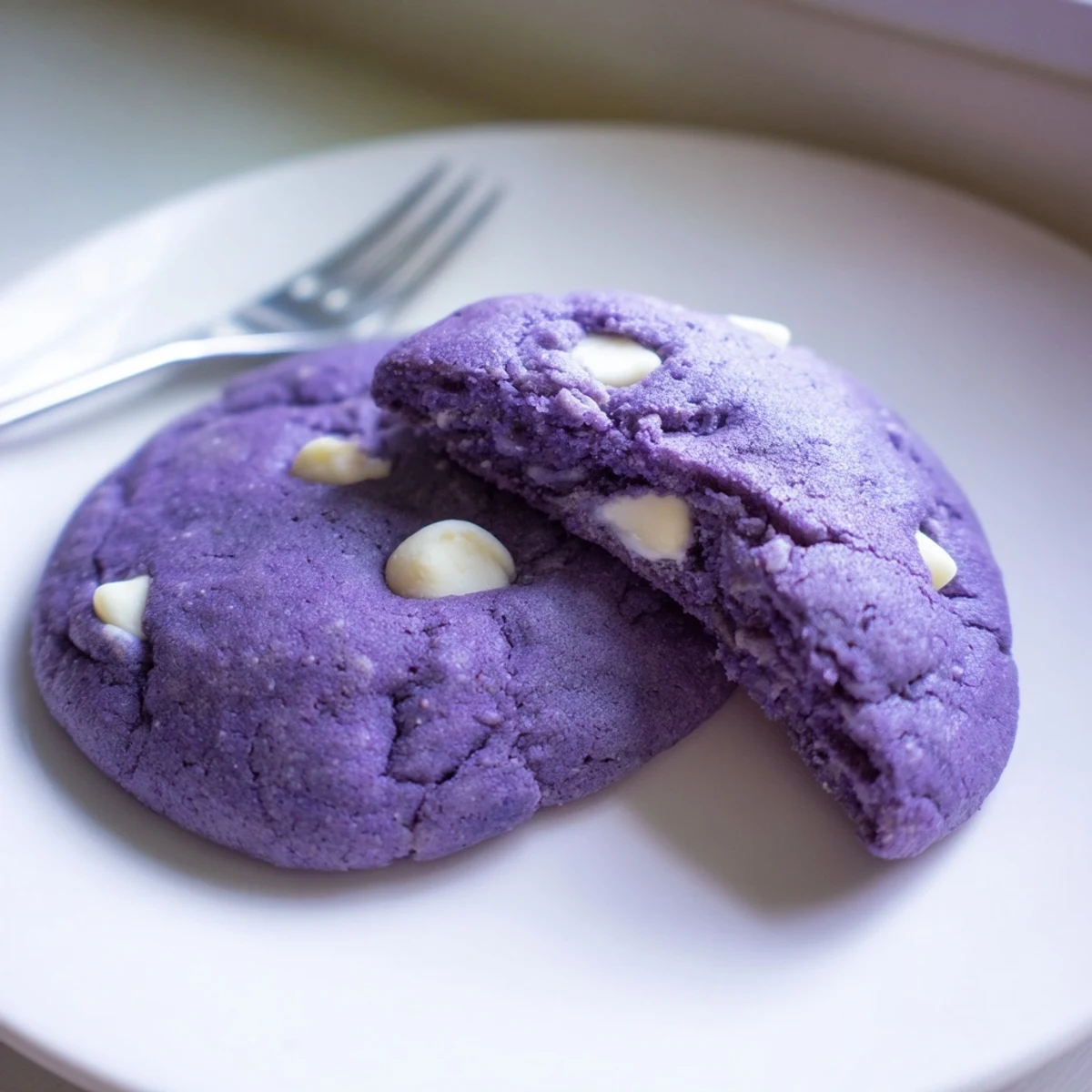 Vibrant Thanksgiving ube cookie dessert tray with chewy white chocolate chip delights.