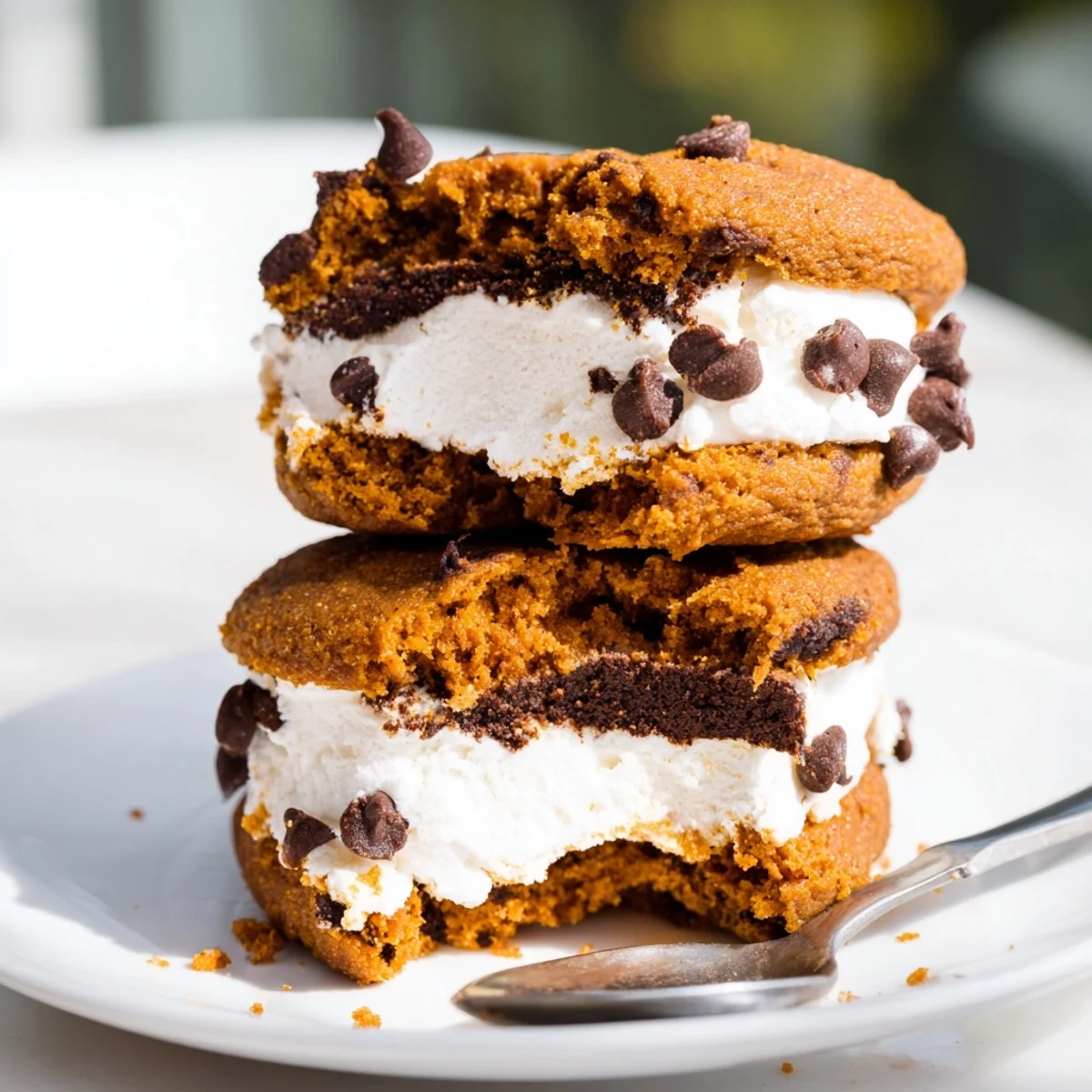 Warm pumpkin chocolate muffins create delightful ice cream sandwiches for fall desserts.  