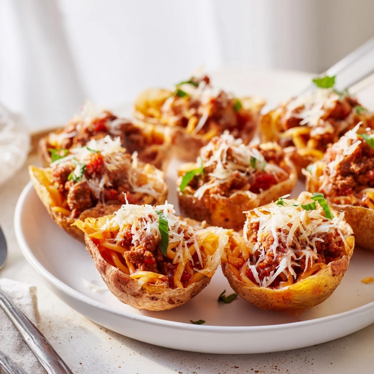 Delicious lasagne soup encased in golden potato skins, perfect for cozy dinners.