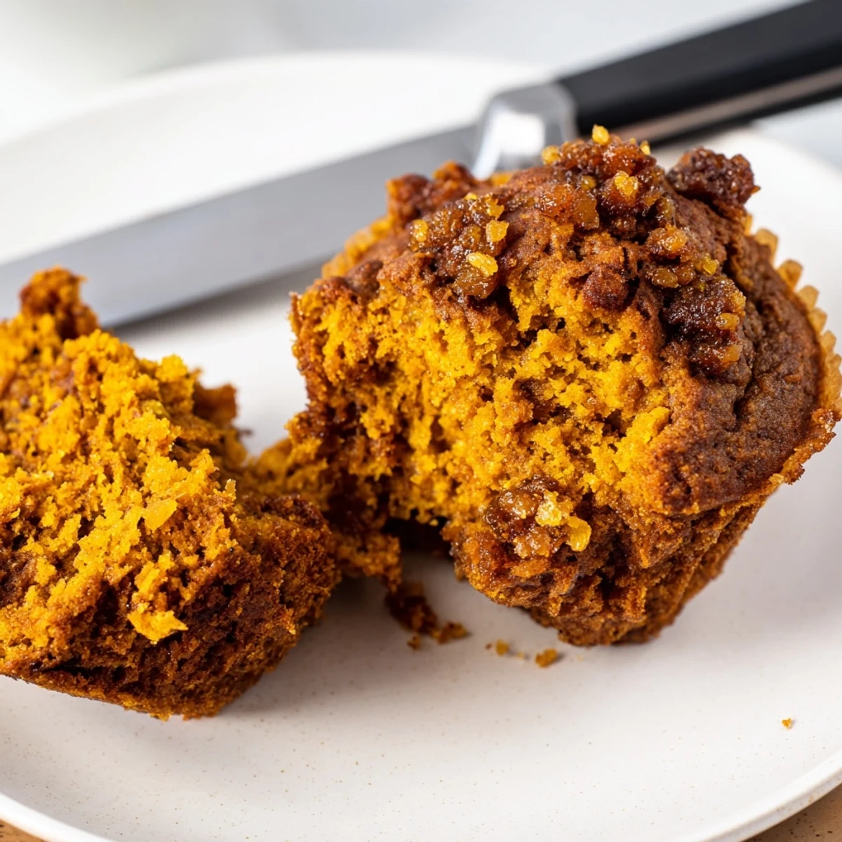 Moist Spicy Pumpkin Muffins with Candied Ginger topped with sugar await your taste buds.  