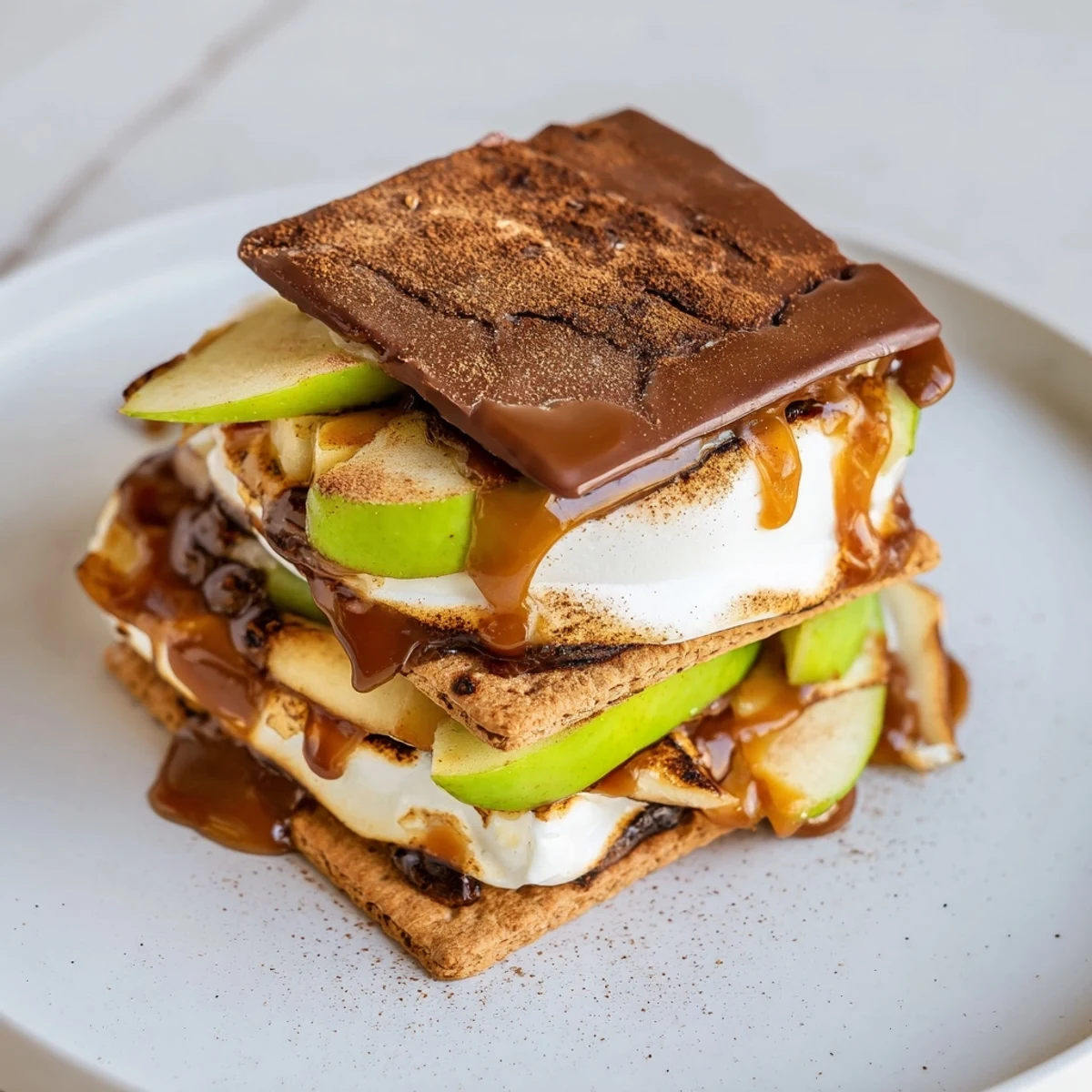 Gooey Caramel Apple S’mores Stack with crispy graham crackers and toasted marshmallows.  
