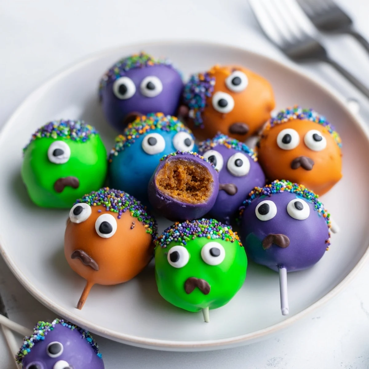 Whimsical salted caramel monster cake pops, perfect as Halloween treats or party desserts.  
