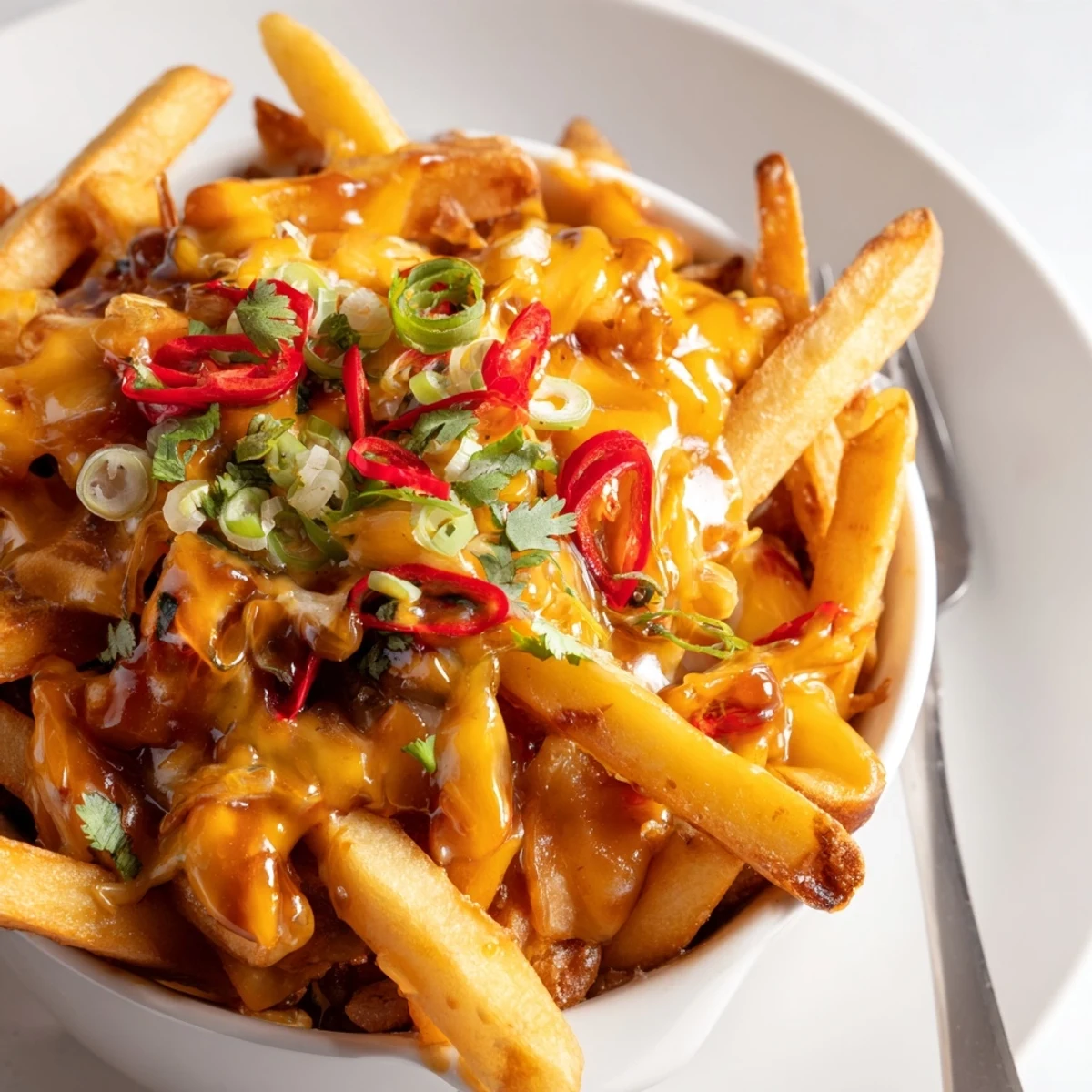 Crispy fries drenched in spicy-sweet honey Sriracha sauce and vibrant toppings.  