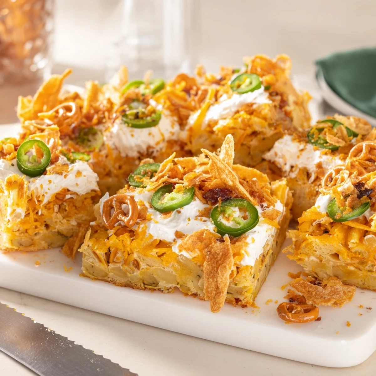 A delicious Loaded Jalapeño Pretzel Sheet Cake topped with cream cheese and bacon.  