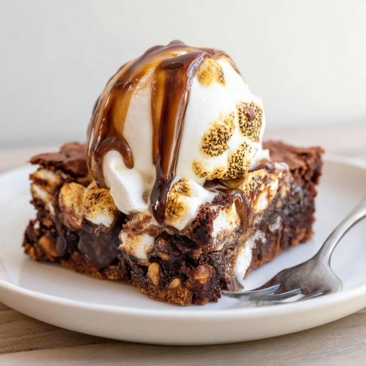 Decadent S’mores Soda Float Brownies topped with creamy vanilla ice cream and root beer.  