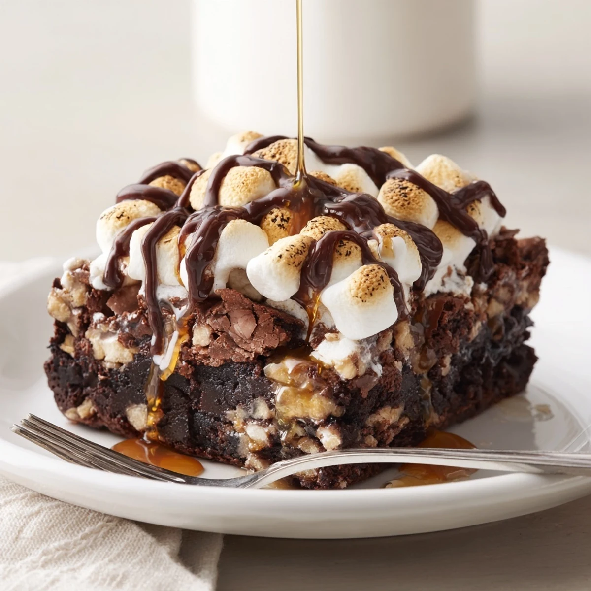 Indulge in fudgy S’mores Soda Float Brownies, garnished with toasted marshmallows and chocolate.  