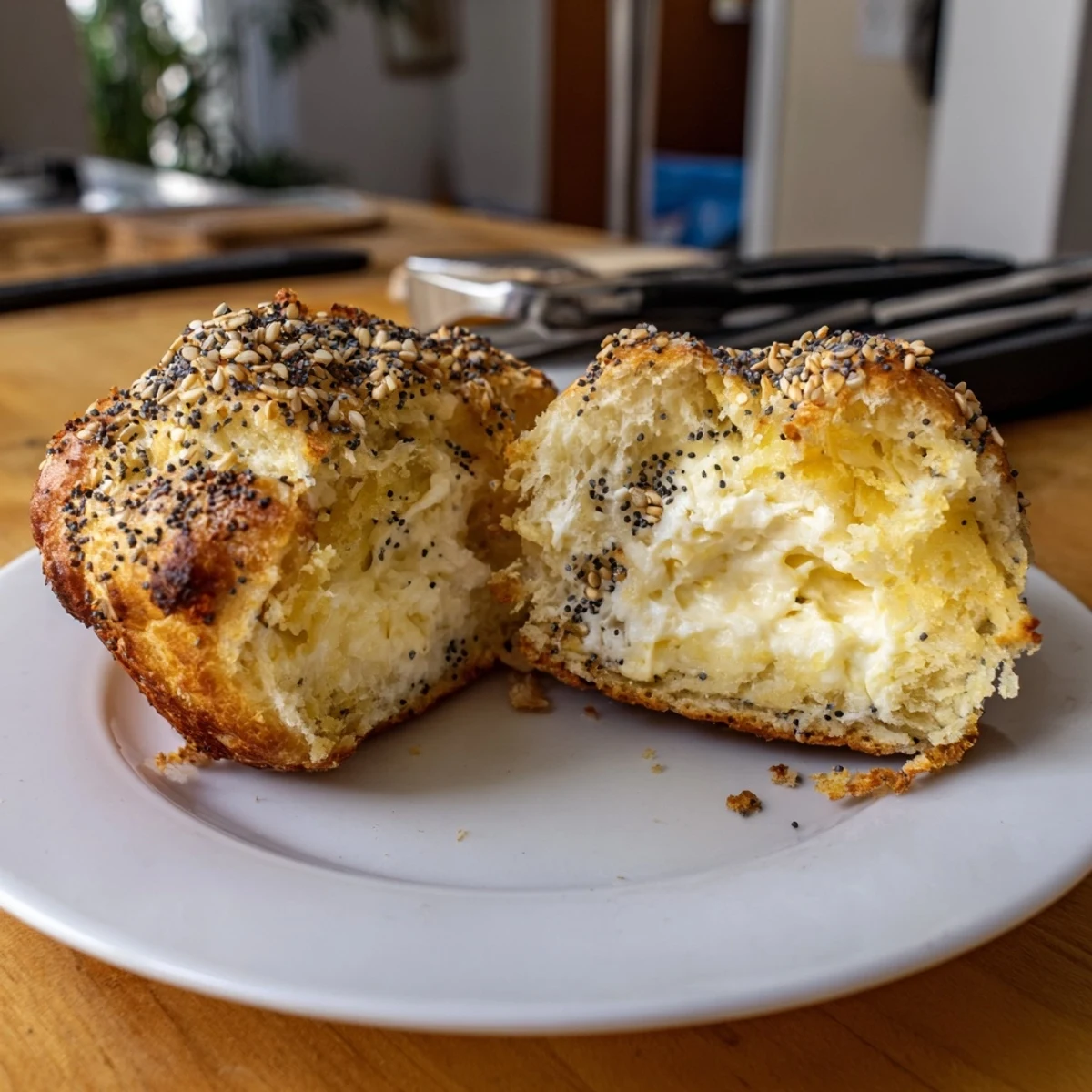 Fluffy cream cheese everything bagel muffins with savory toppings, perfect for brunch.  