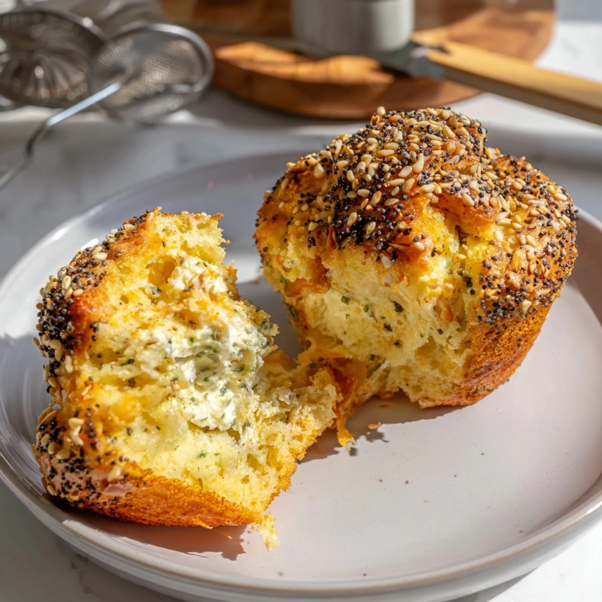 Golden brown muffins bursting with everything bagel flavor and a creamy cheese center.  
