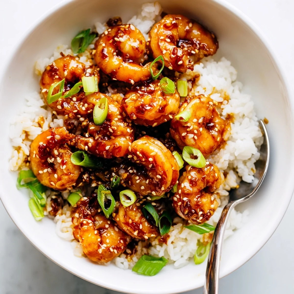 Sizzling honey garlic shrimp sits atop fluffy rice, bursting with flavor and color.  