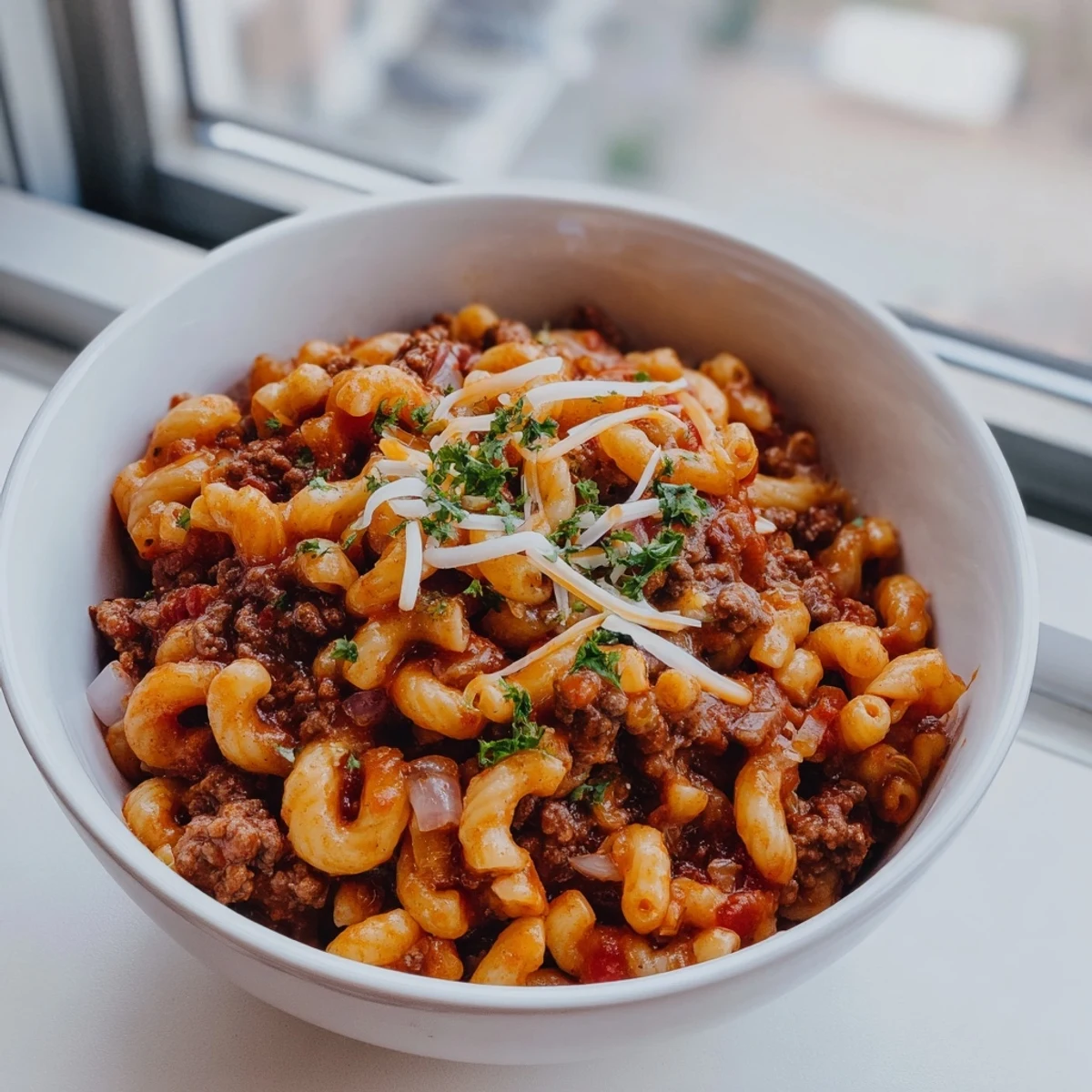 Hearty Grandma’s Goulash served in a rustic bowl, topped with melted cheese.  